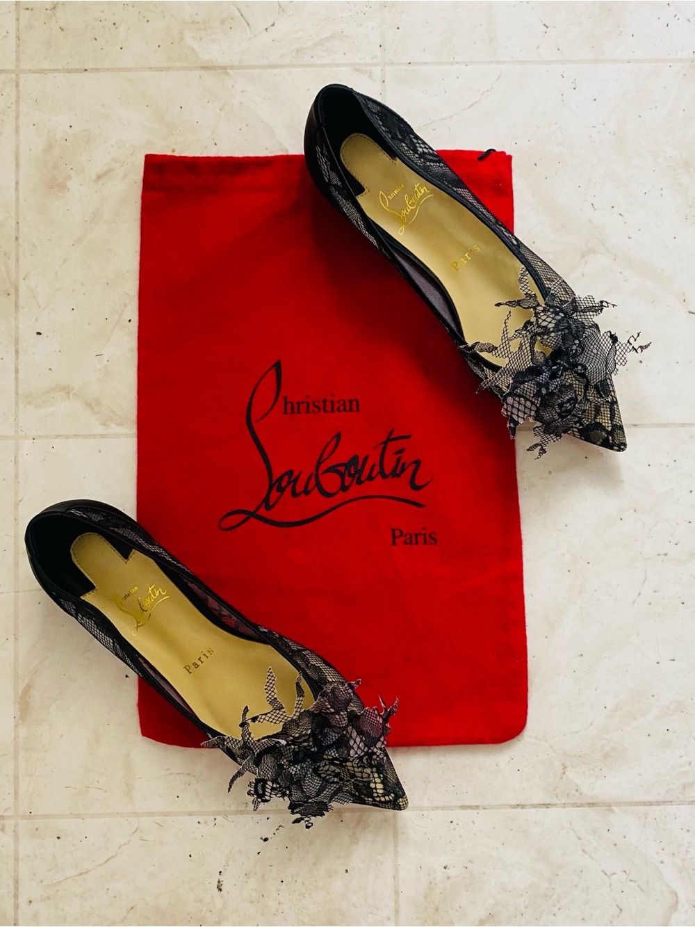 Christian Louboutin Delicatissima Black Satin Lace Pointed Toe Flats Size 8/38
